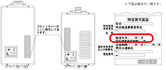 リンナイ製ガス給湯器　製造年月記載の参考図