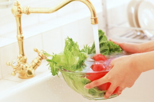水道水で野菜を洗っているシーン