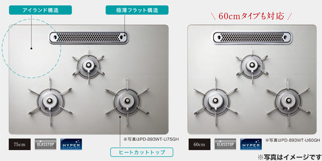 フラットな排気口で天板を有効活用